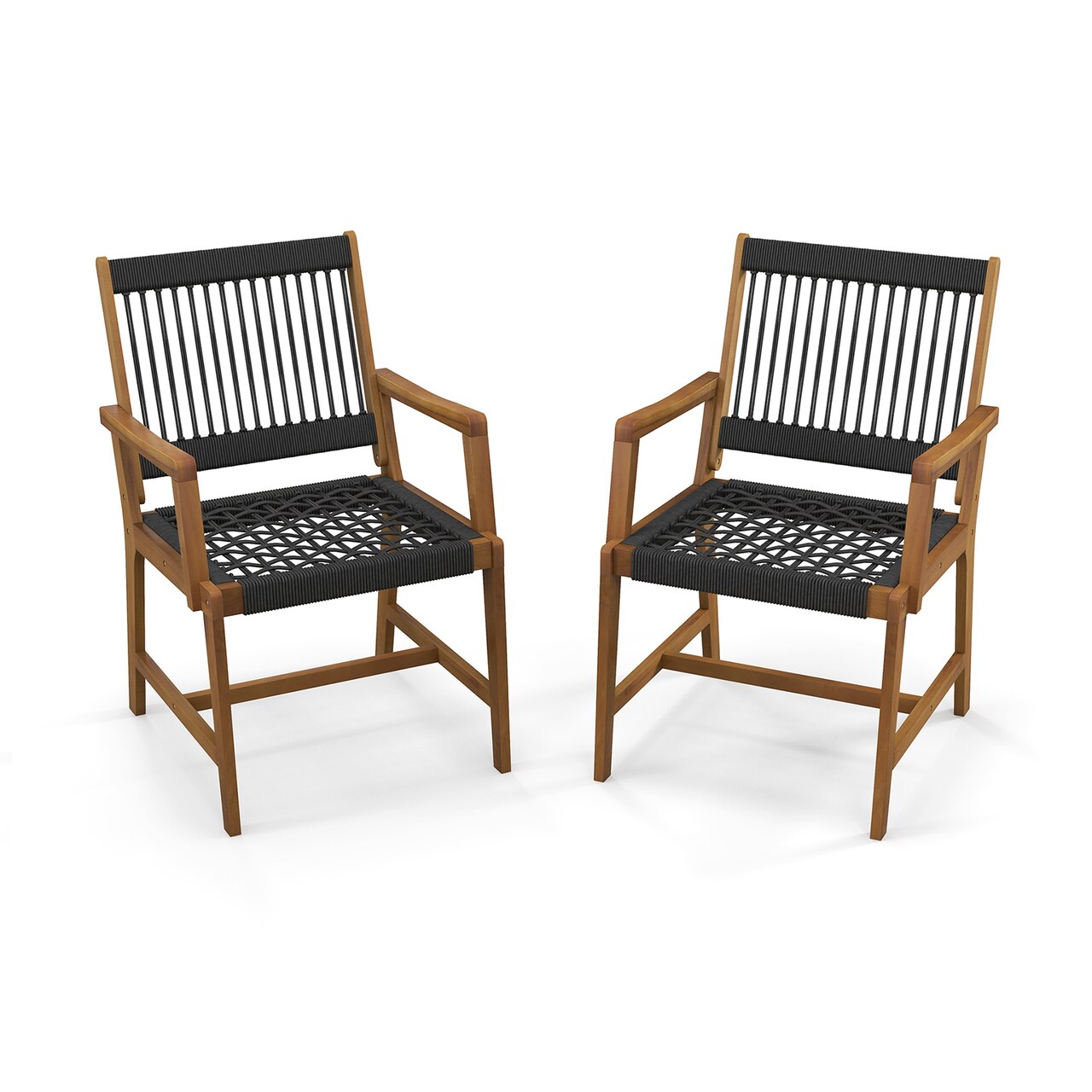 Black Natural Outdoor Dining Chair Set 2pcs Acacia Wood Plastic Rope Patio